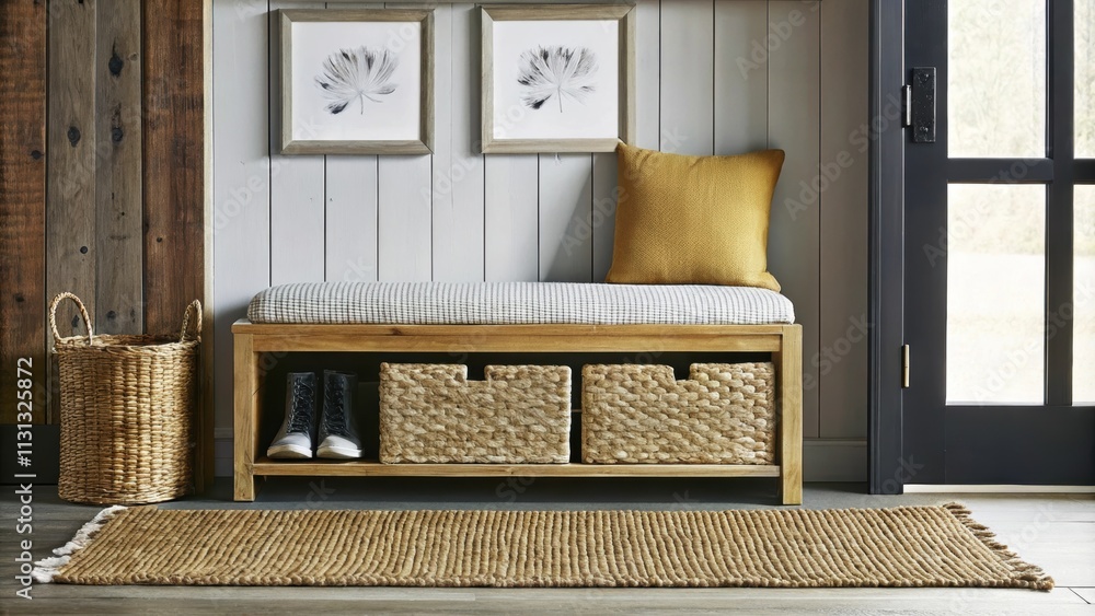 Poster an entryway with a large woven basket for shoes and a reclaimed wood bench adorned with soft cushion