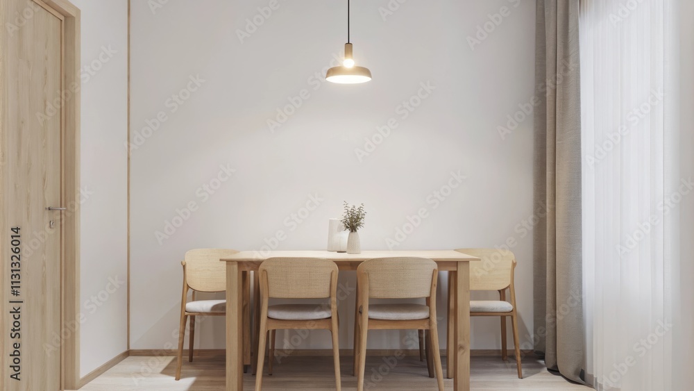 Poster A minimalist dining area with a simple wooden table set for four surrounded by unadorned chairs. A small vase with fresh flowers sits at the center and warm lighting from a pendant