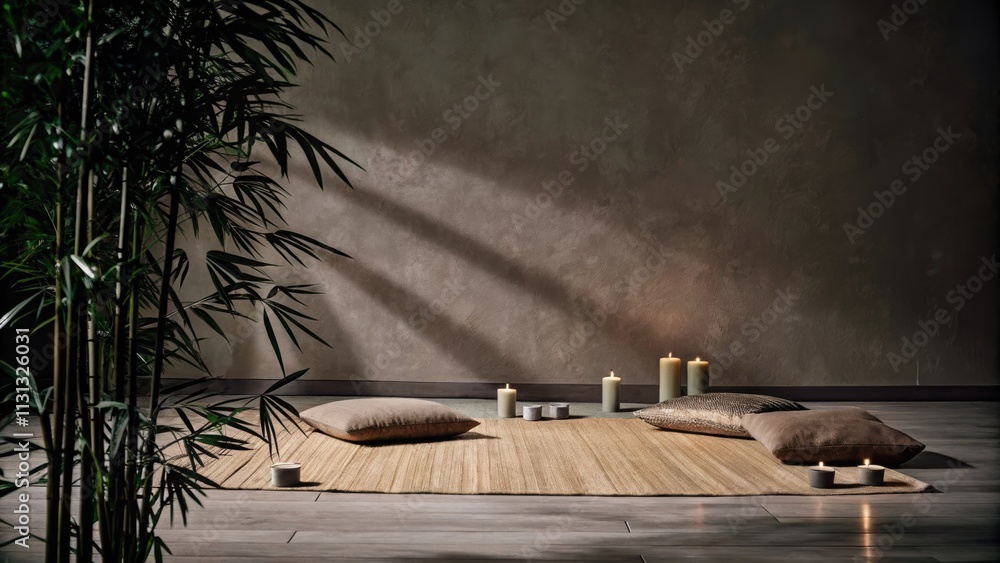 Poster a calming meditation corner featuring a soft mat on a bamboo floor surrounded by candles cushions in