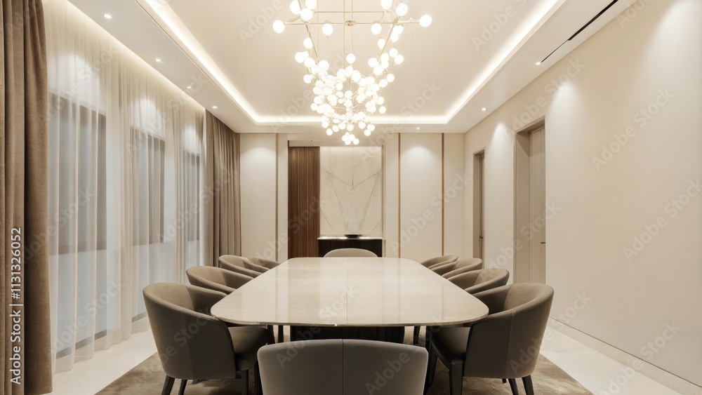 Poster a minimalist dining area where a large fluidshaped dining table is surrounded by curved chairs with 