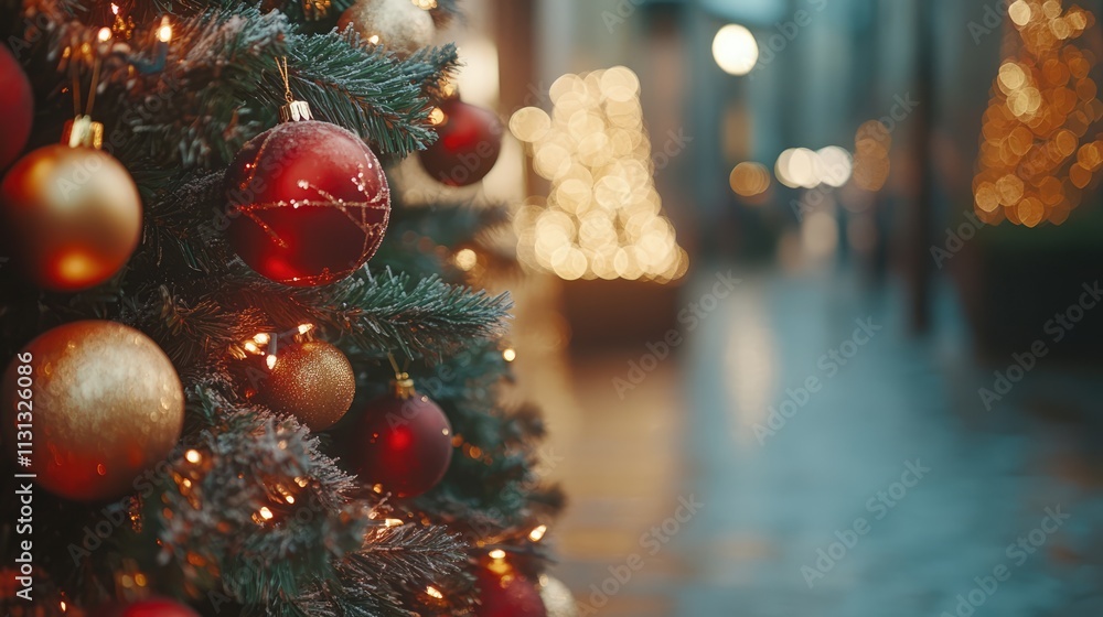 Poster christmas tree adorned with ornaments lights and garlands on a festive street illuminated with a sof