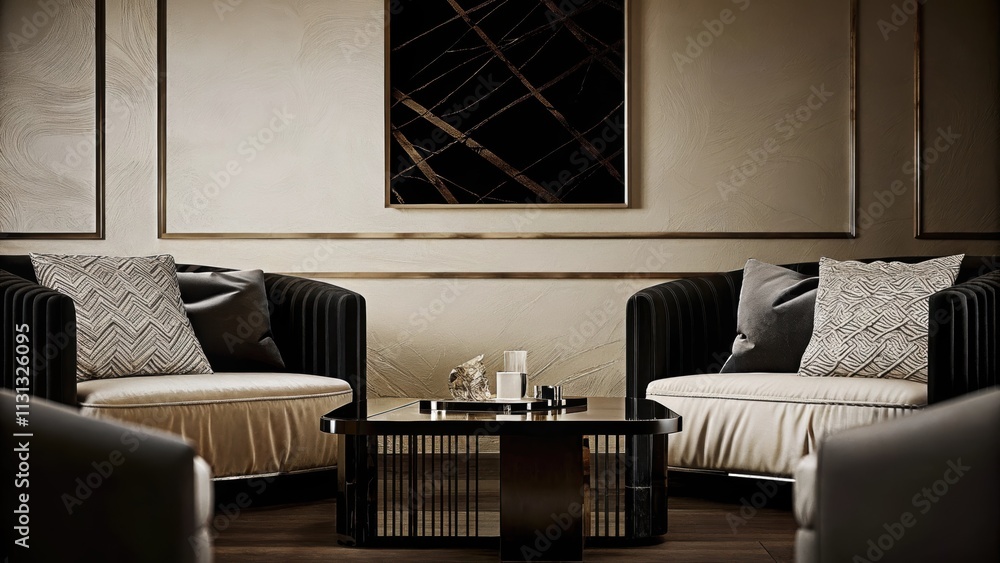 Aufkleber A sophisticated lounge area with a low coffee table surrounded by sleek modern furniture subtle layering of textiles in shades of gray a tasteful array of decorative pillows and a