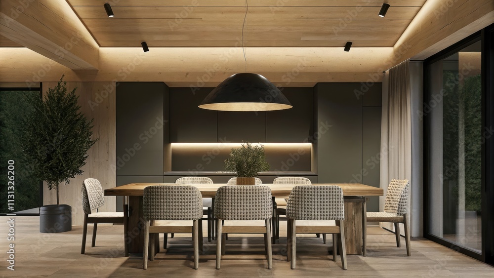 Poster A spacious dining area featuring a rustic wooden table set for six surrounded by mismatched chairs. Overhead an industrialstyle pendant light hangs from a beamed ceiling providing