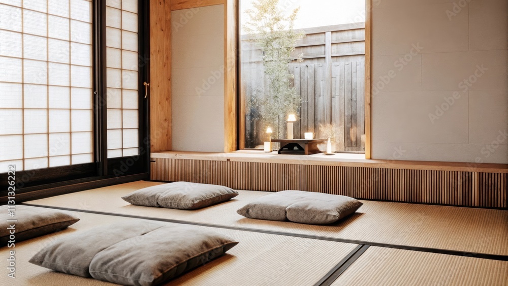 Poster A minimalist meditation room featuring soft tatami flooring and a large window that opens to a quiet backyard. Cushioned floor pillows of neutral tones are arranged neatly and a