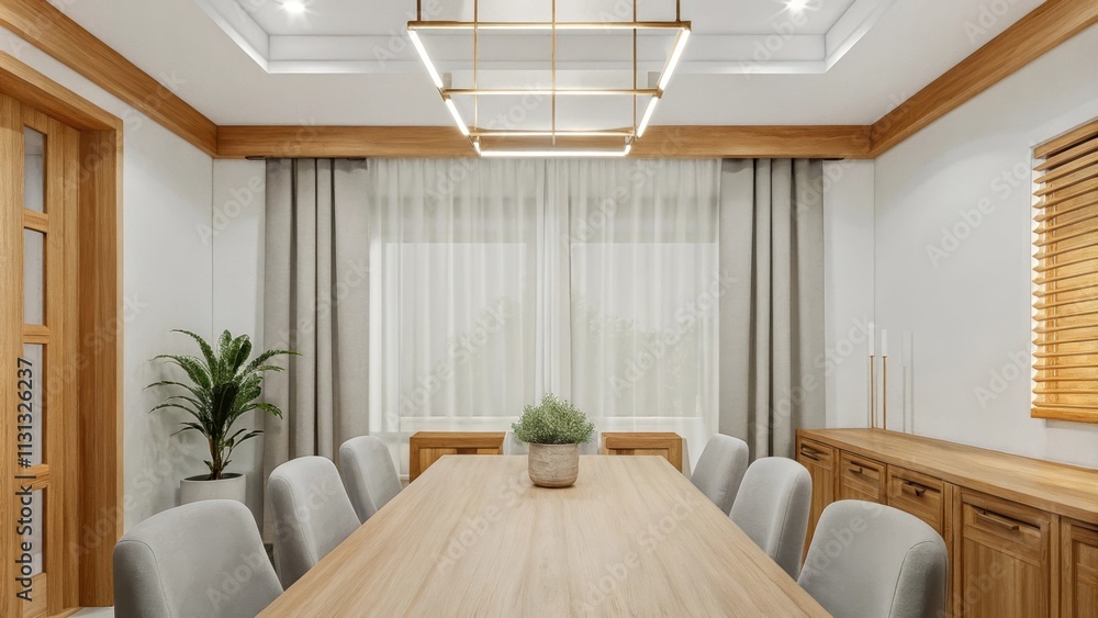 Poster a serene dining area with a long natural wood table surrounded by upholstered chairs in soft gray. a