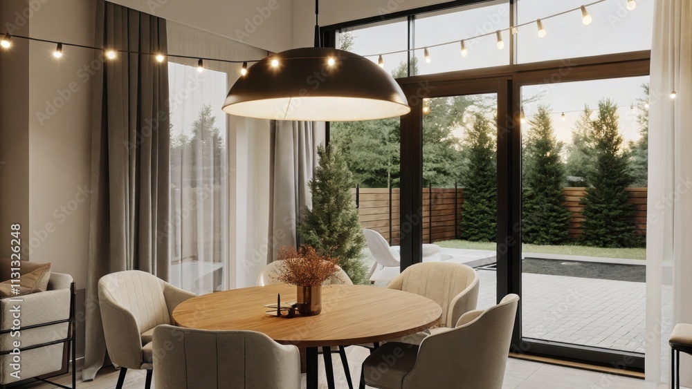 Poster A sophisticated dining area featuring a round wooden table surrounded by upholstered chairs in soft fabrics. A large pendant light hangs above casting a warm glow while glass