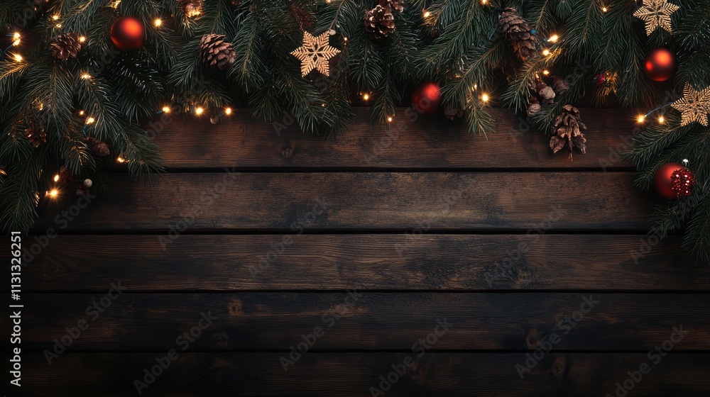 Poster christmas tree branches adorned with ornaments on a rustic wooden surface for a festive winter holid