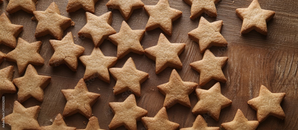 Poster handmade star-shaped cookies arranged on a rustic wooden surface ideal for festive and culinary them