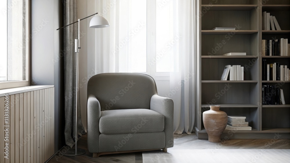 Aufkleber An intimate reading nook with a comfortable armchair in muted gray positioned next to a minimalist floor lamp. A slender bookshelf with a few select titles and a delicate ceramic
