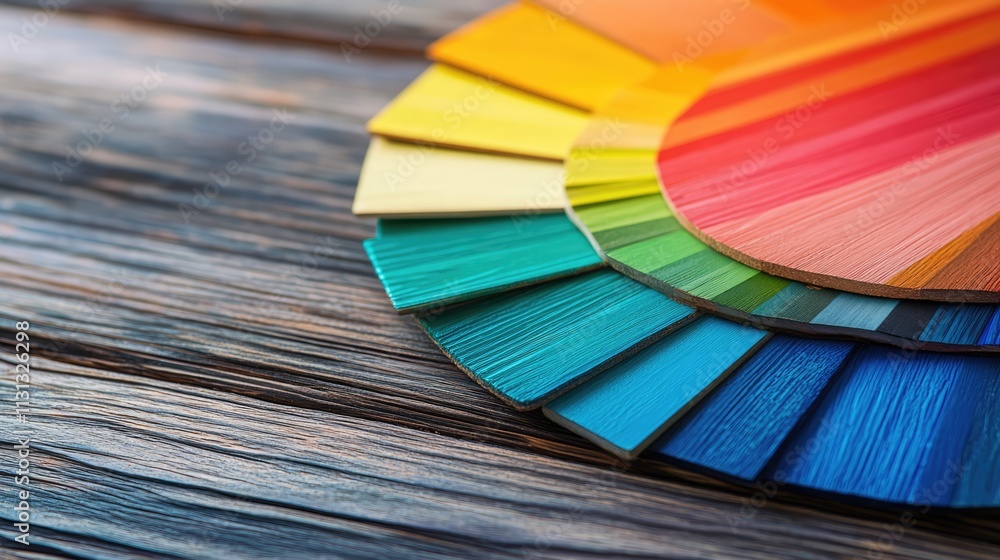 Poster vibrant color palette arranged on a rustic wooden table showcasing a spectrum of shades for design a