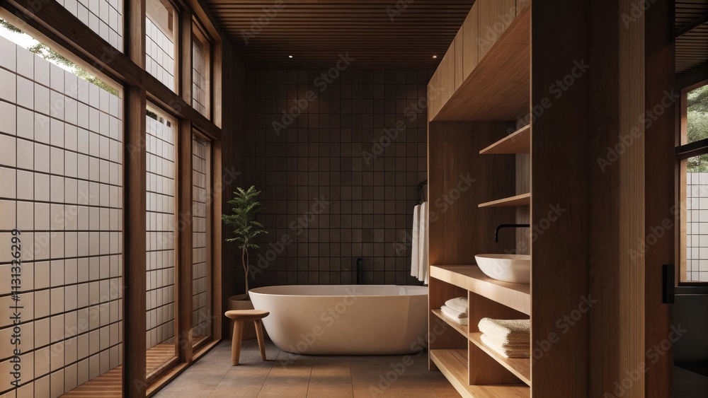 Poster a sunlit bathroom with a freestanding tub and minimalistic fixtures. white tiles and a single potted