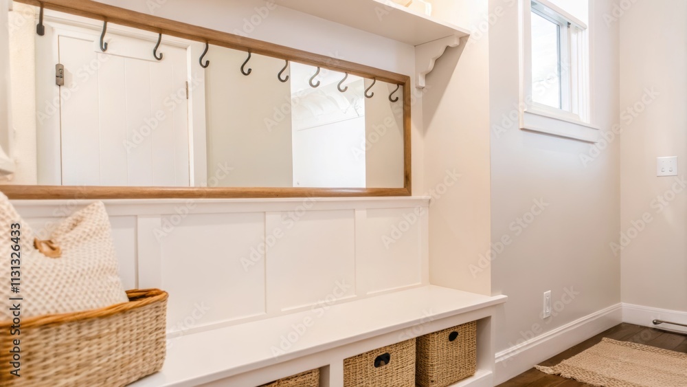 Poster A cozy airy entryway featuring a simple bench and hooks for coats. A textured woven basket sits alongside the bench and a large mirror reflects light back into the space making it