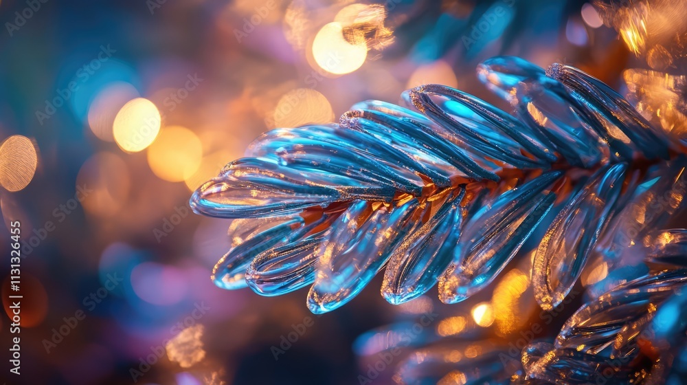 Poster closeup of a beautifully decorated christmas tree branch with shimmering lights and bokeh effect cap