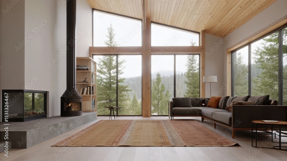 Poster An openconcept family room with floortoceiling windows offering unobstructed views of surrounding nature. A large plush area rug in warm earthy tones anchors a few lowprofile