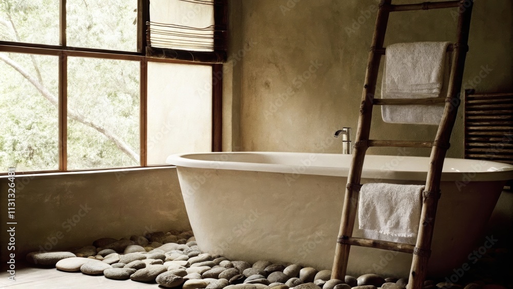 Aufkleber A tranquil bathroom featuring a freestanding soaking tub positioned beneath a large window surrounded by smooth river stones. The walls are finished in gentle earth tones and a