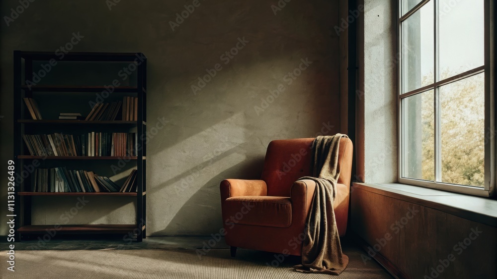 Aufkleber A tranquil reading nook featuring a plush armchair in rust orange paired with a simple walnut bookshelf filled with books. A large window allows natural light to flood in