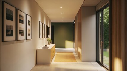 Obraz premium A minimalist hallway lined with softcolored walls and framed photographs. A slim console table holds a small collection of decorative objects and a soft runner rug adds warmth