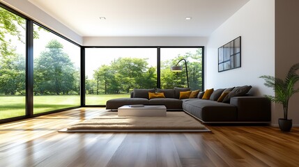 Fototapeta premium Modern Living Room with Panoramic Garden View