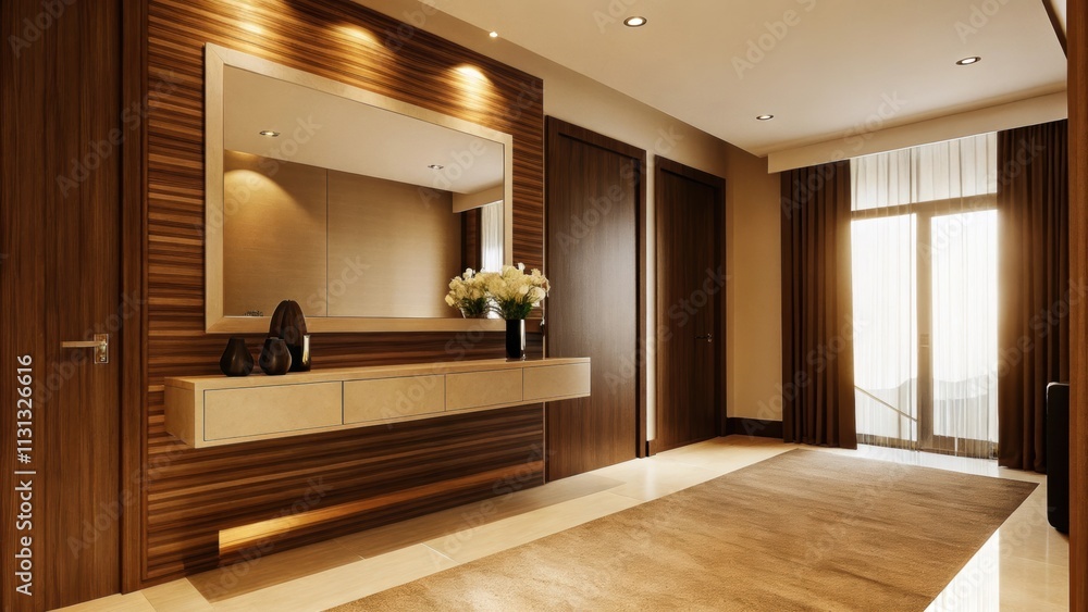 Poster A sophisticated entryway featuring a sleek console table with decorative elements. A large mirror reflects light from a nearby window while a plush runner leads to an inviting