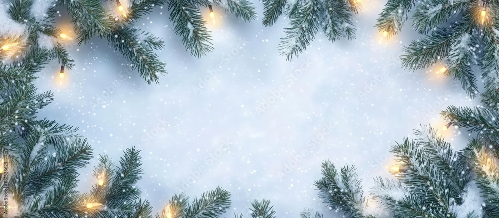 Poster festive christmas backdrop with snowy fir tree branches and glowing ornaments creating a winter wond