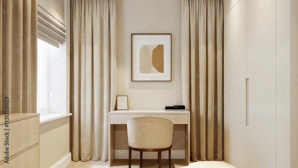 Poster a calming home office featuring sandycolored walls a minimalist pine desk paired with a beige uphols