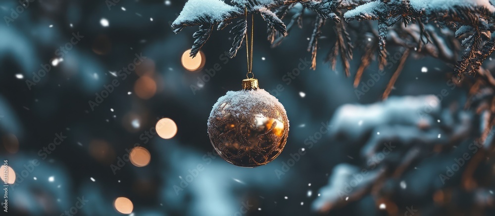 Aufkleber snow-covered christmas ornament hanging from tree branch in winter wonderland ambiance with soft bok