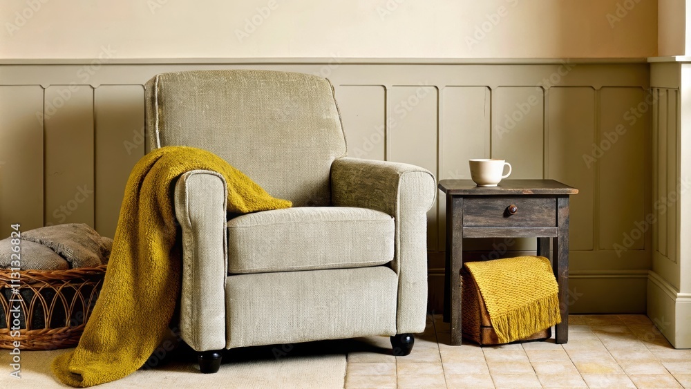 Poster a peaceful reading nook with a plush warm gray armchair and a small side table holding a cup. the wa