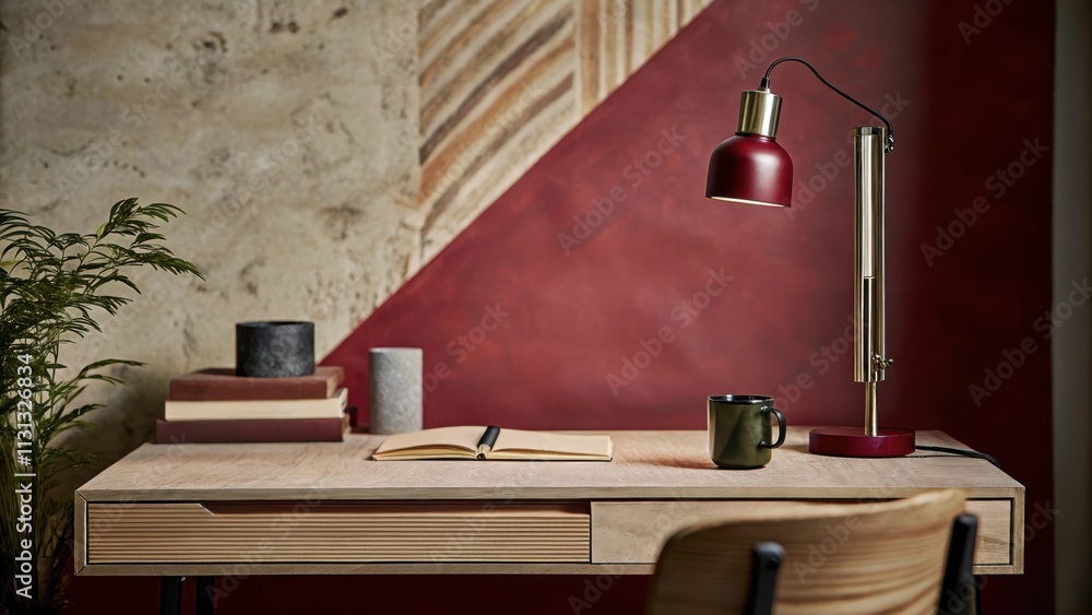 Poster A tranquil home office with a large desk made of reclaimed wood adorned with minimalistic stationery and a small indoor plant. Soft diffused lighting from a stylish lamp creates a
