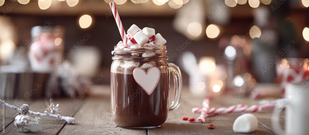 Poster cozy hot cocoa with marshmallows and candy cane in a glass jar decorated with a heart surrounded by 
