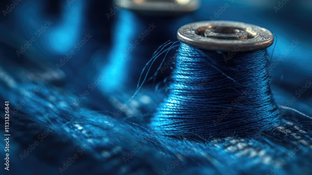 Poster closeup of blue threads on spools showcasing textures in textile design industry for fashion and fab