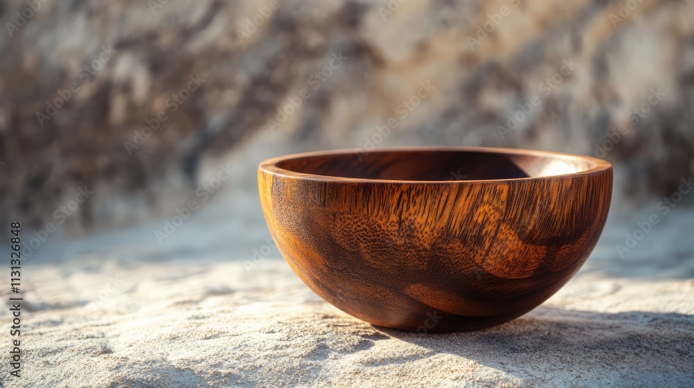 Poster closeup of a handcrafted wooden bowl placed on a textured surface with a natural background highligh