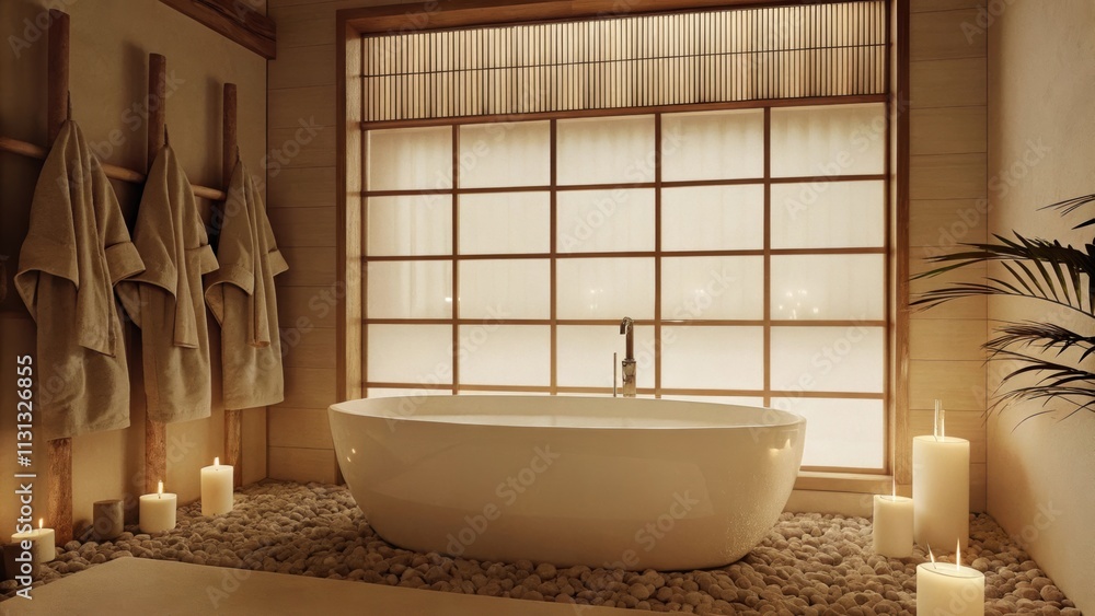 Aufkleber A calming bathroom featuring a freestanding tub surrounded by candles and smooth stones. Bamboo accents and a large window with frosted glass let in soft light while plush towels