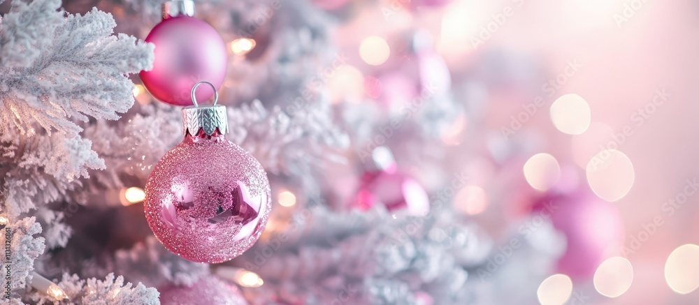 Poster decorative close-up of pink christmas ornaments on a snowy fir tree with warm lights creating a fest