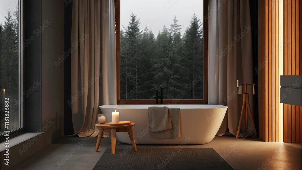 Aufkleber A tranquil bathroom with a freestanding tub centered beneath a large window framed by curtains. A single wooden stool holds a few neatly stacked towels and a small fragrant candle