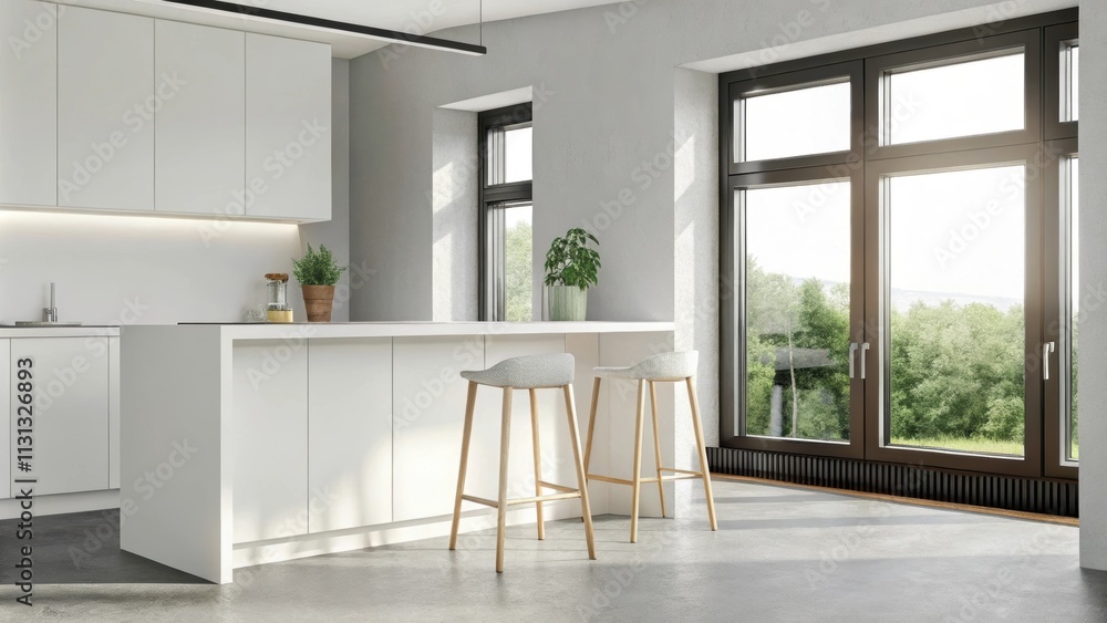 Poster an airy kitchen features clean lines with white cabinets a minimalist island with bar stools and pot