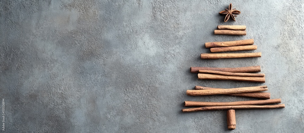 Poster Cinnamon stick Christmas tree design on a gray concrete backdrop with ample copy space for festive messaging or branding purposes