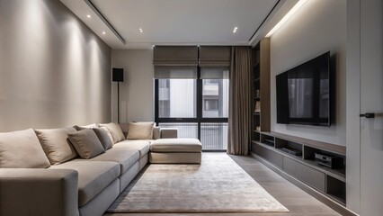 Fototapeta premium An inviting family room with a large plush area rug a sectional sofa with oversized cushions and a wallmounted TV framed by minimalist cabinetry creating a cozy space for