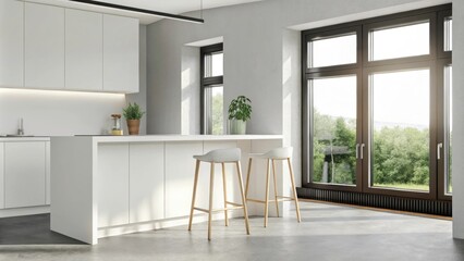 Fototapeta premium An airy kitchen features clean lines with white cabinets a minimalist island with bar stools and potted herbs on the windowsill while sunlight pours in illuminating the polished