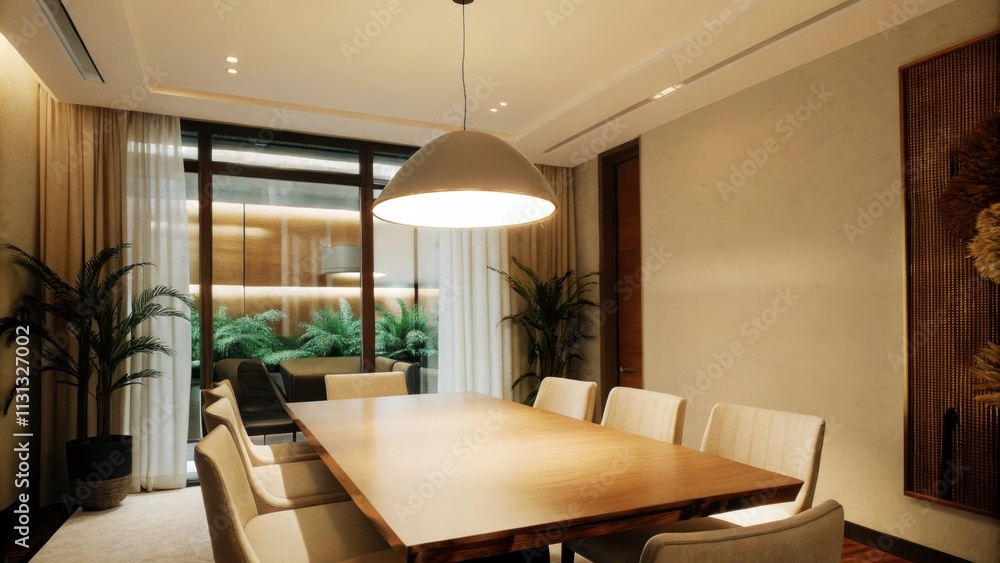 Poster An elegant dining area showcases a sleek rectangular wooden table surrounded by simple upholstered chairs with a single pendant light hanging overhead and a large window allowing