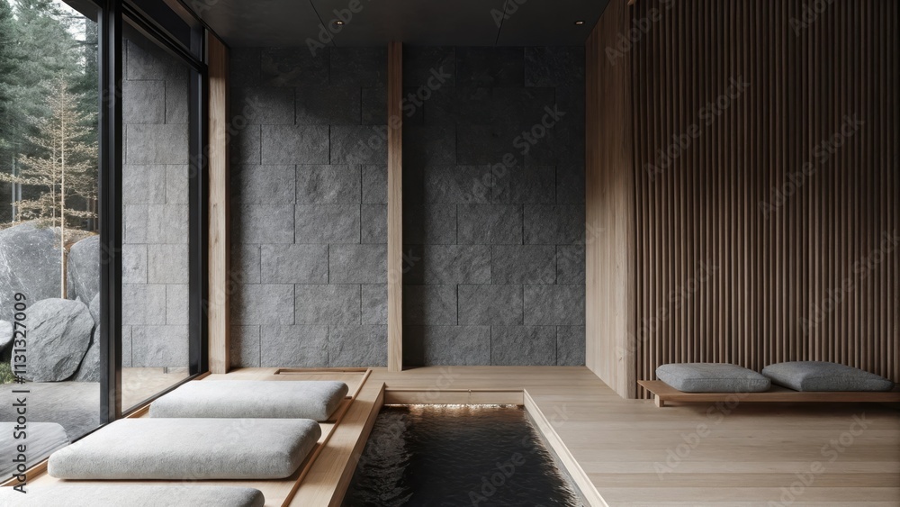 Poster A minimalist meditation room featuring smooth stone walls and a simple wood platform for seating complemented by soft cushions and the soothing sound of a small water feature.
