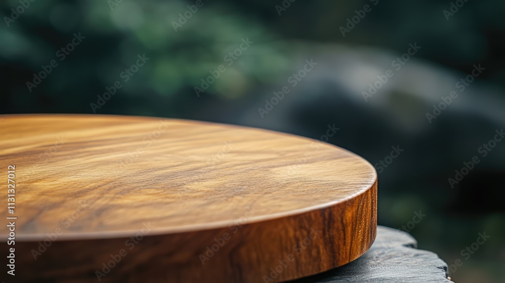 Aufkleber close up of a polished wooden board with a blurred natural background ideal for food presentation an