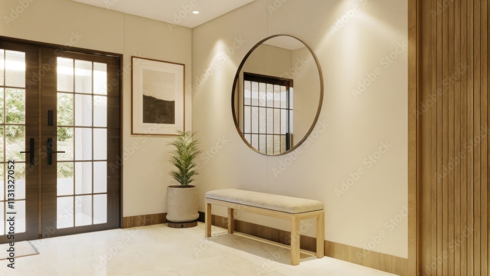 Poster a stylish entryway features a simple bench against a wall with a single framed artwork a small potte