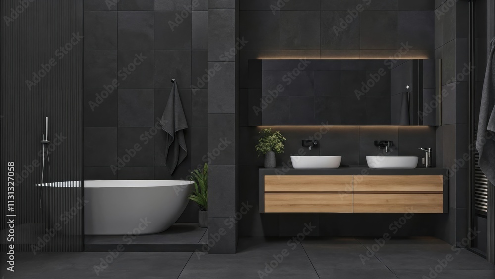 Poster a chic bathroom featuring a freestanding soaking tub a double vanity with minimalist fixtures and la