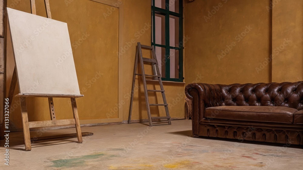 Poster an artsy studio space with a large easel beside a deep brown leather couch. the walls are painted in