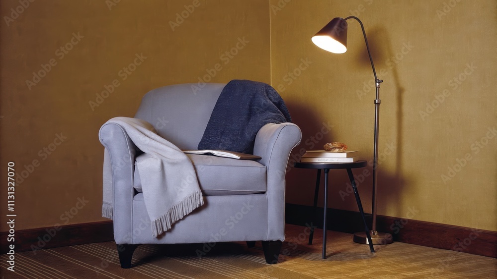 Poster a cozy reading nook tucked into a corner with a plush armchair and a small side table. a soft throw 