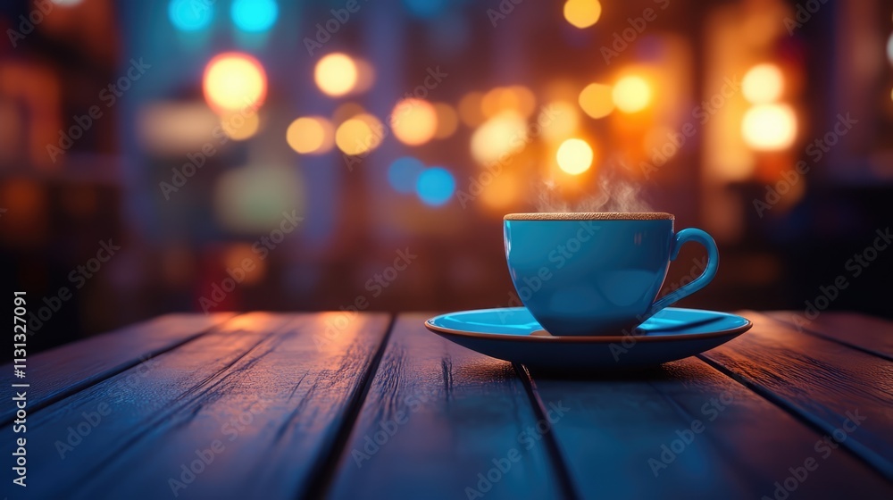 Poster cozy cafã© scene with steaming coffee in a blue cup on a wooden table surrounded by warm ambient lig