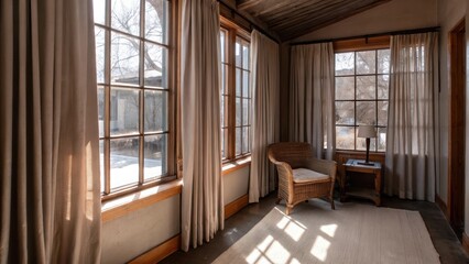 Obraz premium A charming sunroom with large windows draped in soft taupe curtains featuring a wicker chair and a reclaimed wood side table. The floor is covered in a light textured rug creating