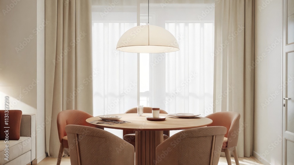 Poster A bright dining area with a round wooden table surrounded by upholstered chairs in earthy tones. A simple pendant light casts a warm glow enhancing the inviting ambience.
