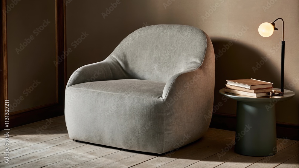 Aufkleber A calm reading nook with a single oversized lounge chair wrapped in soft gray fabric. A small side table holds a curated selection of books and a floor lamp with a delicate design