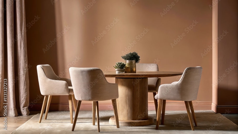 Poster A serene dining area with an oak dining table surrounded by soft taupe chairs. The walls are painted in a gentle clay color and a simple centerpiece of succulents adds a touch of